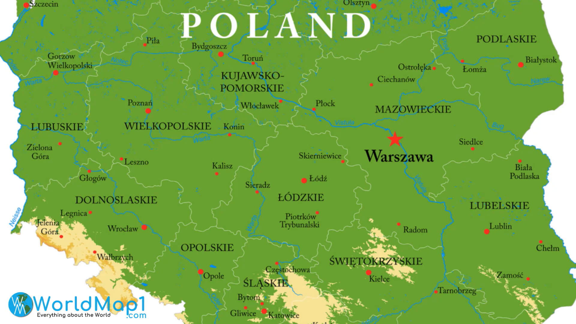 Nehirler ile Polonya Ana Şehirleri Haritası